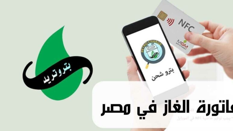 فاتورة الغاز في مصر Egypt's gas bill شعار شركة بتروتريد للبترول ويد تحمل هاتف محمول وبطاقة دفع إلكتروني