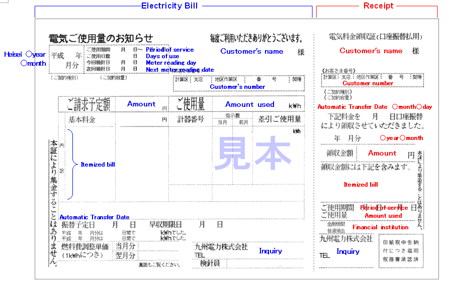 تفاصيل فاتورة الكهرباء اليابان نموذج لشكل الفاتورة تظهر الكتابة باللغة اليابانية بالأسود وبعض الكلمات التوضيحية بلغة أخرى باللون الأزرق والأحمر