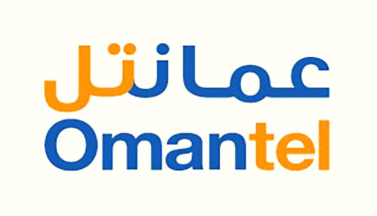  شعار شركة عمانتل لدفع فواتير انترنت سلطنة عمان بالعربية وتحتها بالانكليزية بحيث (عمان) باللون الأزرق و(تل) باللون البرتقالي بخلفية بيضاء