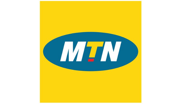 شعار شركة ام تي ان لدفع فاتورة الموبايل في السودان باللون الابيض والاصفر محاطة بقطع ناقص ازرق اللون مع خلفية صفراء